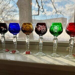 Set of 6 AJKA bohemian crystal cut to clear cordial small wine glasses NEW